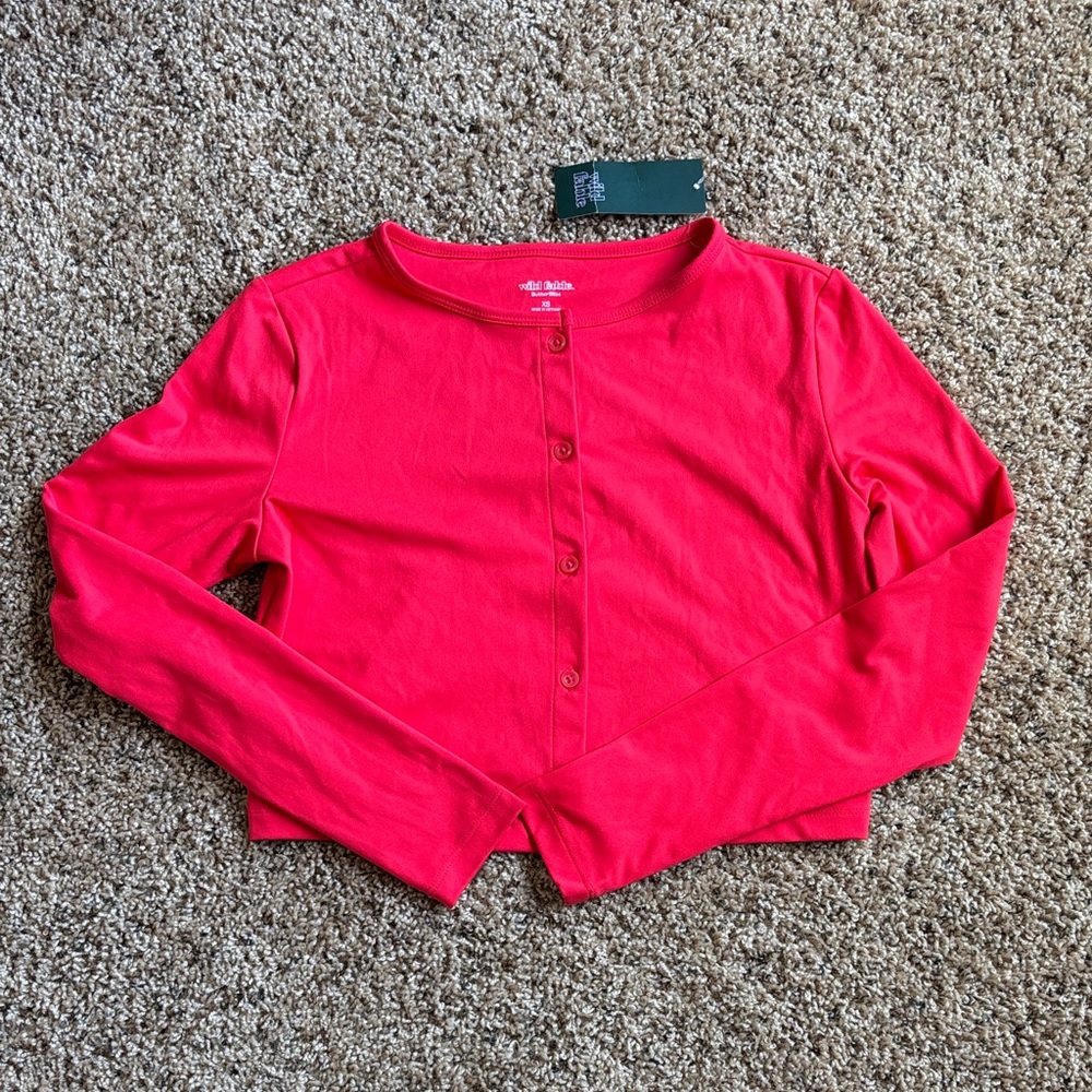 Wild Fable ButerBlissCherry Red Long Sleeve Button Down Top, size XS